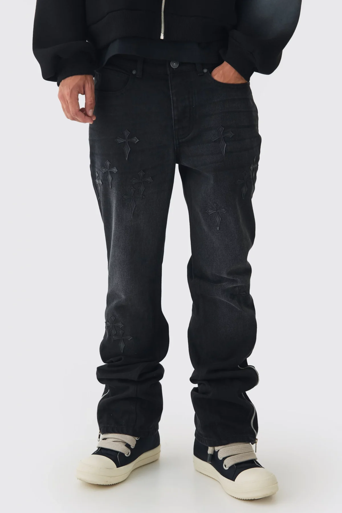 BOOHOOMAN FLARE RIGID CROSS ZIPPER JEANS