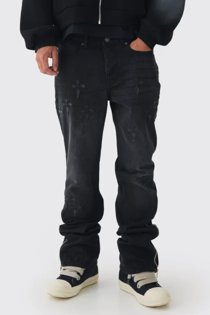 BOOHOOMAN FLARE RIGID CROSS ZIPPER JEANS
